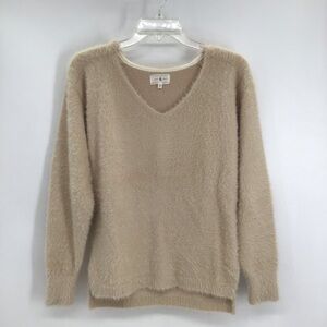 Lou & Grey V-Neck Soft Fuzzy Pull-Over Sweater Casual Career Beige Size XS